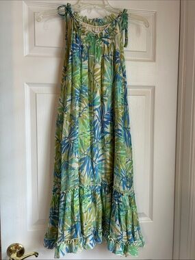 Robbie Bee Cream Dress with Blue & Green Leaf Print